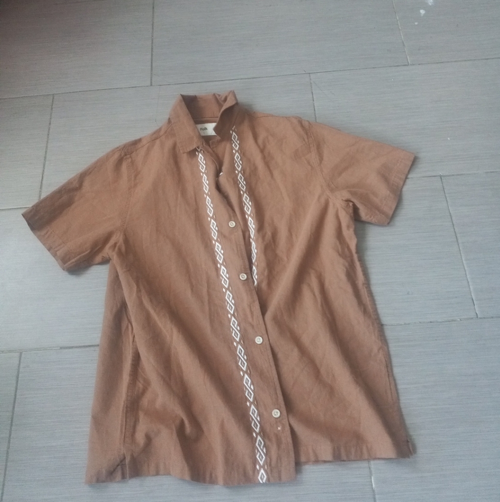 New FOLK Clothing London $155 Mens Large Brown Print Short Sleeve Camp Shirt